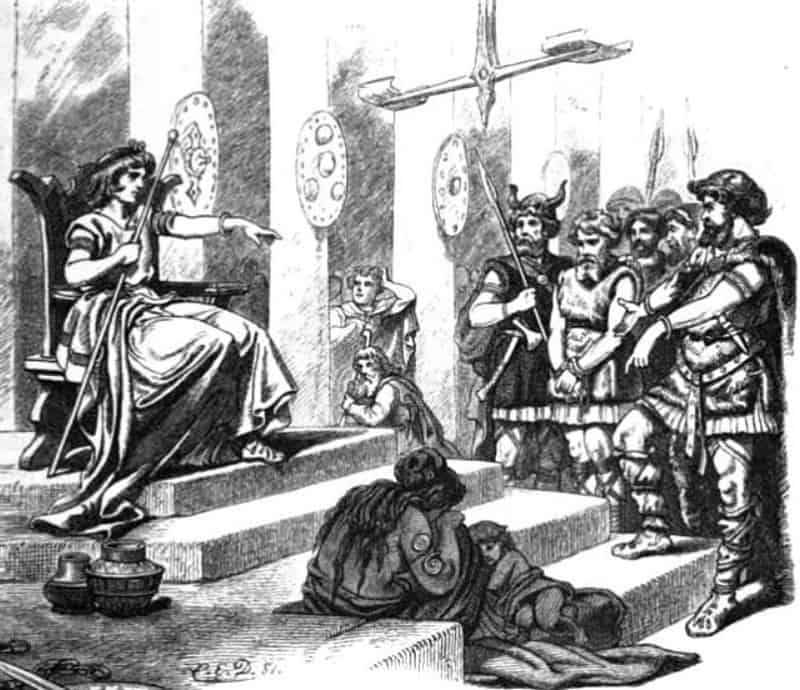 Forseti seated on a throne in judgement with disputing figures before him, in Carl Emil Doepler's illustration published in 1882