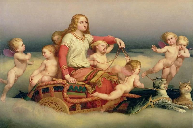 Freyja riding through the clouds in a chariot drawn by two cats, surrounded by small winged figures, in Nils Blommer's 1852 painting