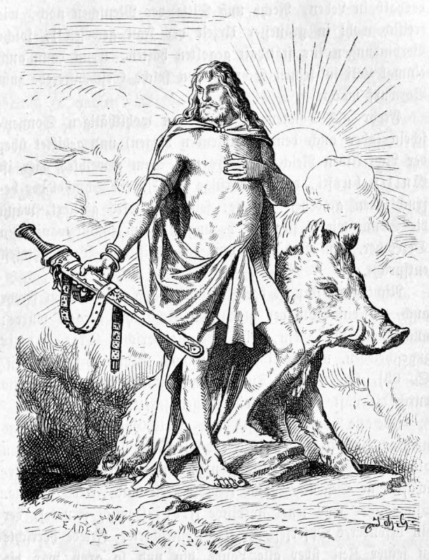 Freyr standing with his sword beside the golden-bristled boar Gullinbursti, in Johannes Gehrts's 1888 illustration