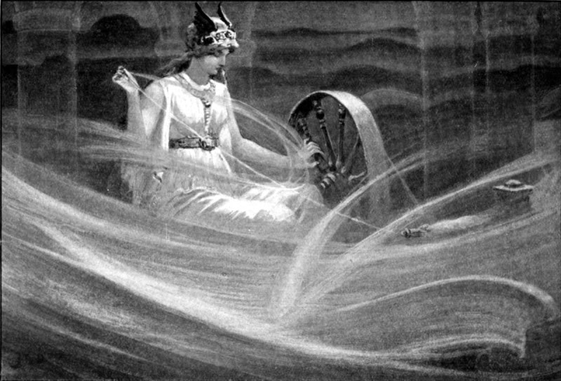 Frigg seated at a spinning wheel spinning white clouds from her distaff, in John Charles Dollman's 1909 painting Frigga Spinning the Clouds
