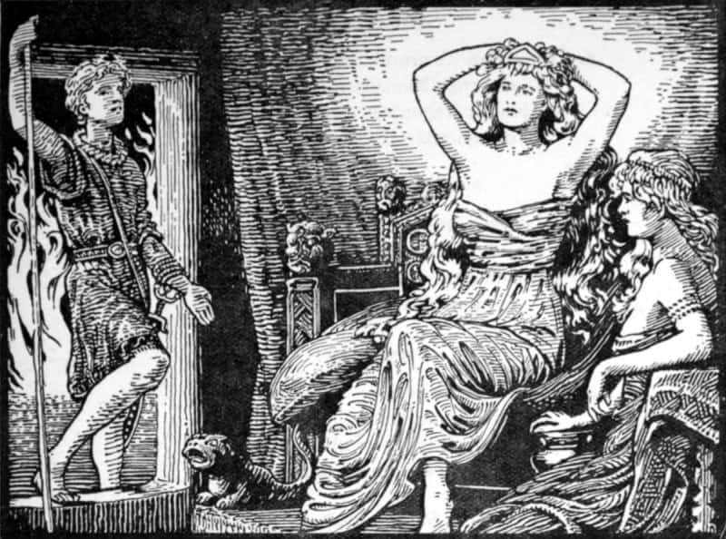 Skirnir standing in the doorway of Gymir's hall delivering Freyr's message to Gerd, who sits with her arms raised, in W. G. Collingwood's 1908 illustration