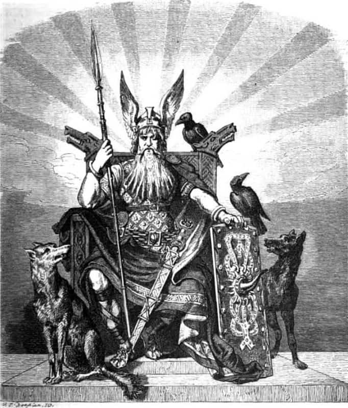 Odin the All-Father seated with his ravens overhead and his two wolves Geri and Freki at his feet, painted by Carl Emil Doepler