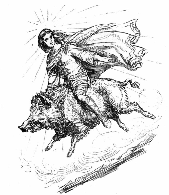 The god Freyr riding his golden-bristled boar Gullinbursti, an engraving by Ludwig Pietsch
