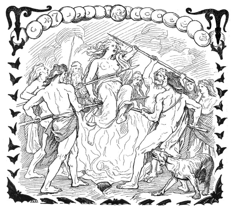 Gullveig held aloft on spears above a fire by a crowd of armed gods, in Lorenz Frolich's 1895 illustration