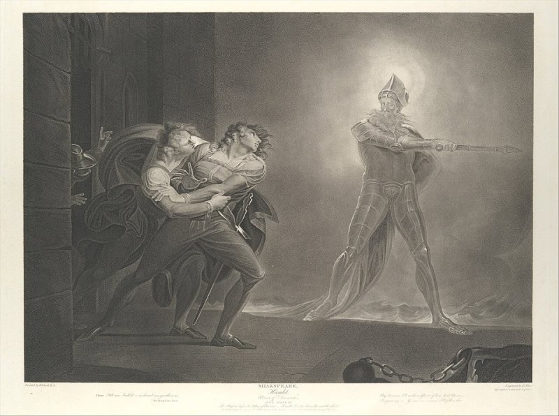 Hamlet, Horatio and Marcellus confronting the Ghost on the battlements, engraving after Fuseli for the Boydell Shakespeare Gallery, 1796