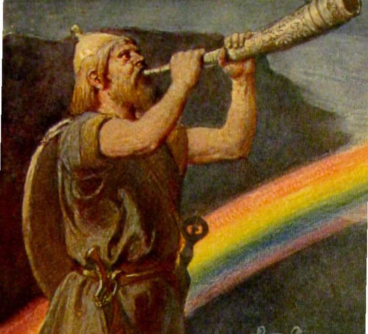 Heimdall in a horned helmet blowing the horn Gjallarhorn with the rainbow bridge Bifrost behind him, in Emil Doepler's illustration published around 1905