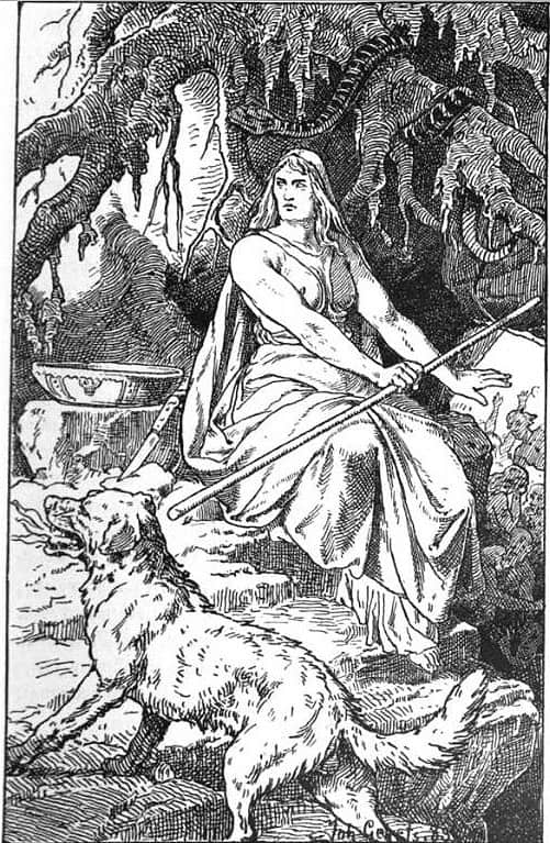 Hel seated with a staff beneath bare branches, a hound crouching at her feet, in Johannes Gehrts's 1889 illustration
