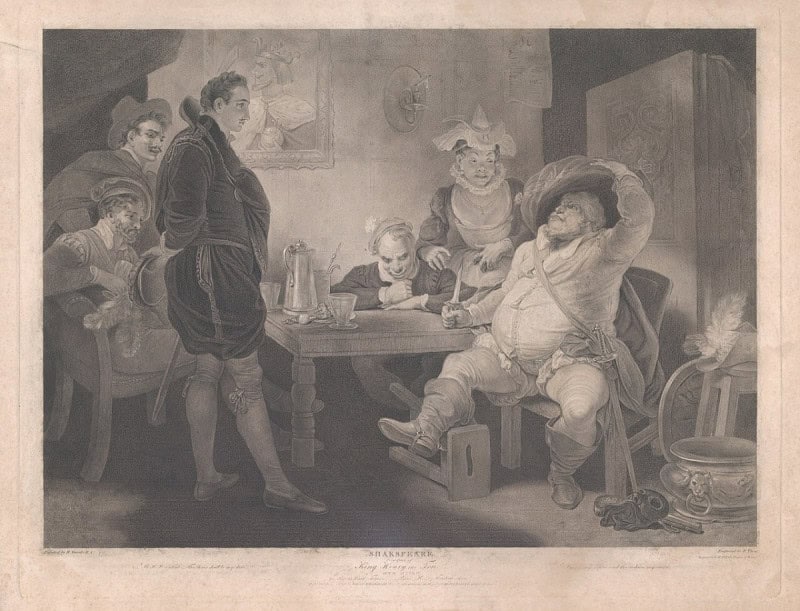 Falstaff, Prince Hal and Poins at the Boar's Head tavern, engraving after Robert Smirke for the Boydell Shakespeare Gallery, 1796