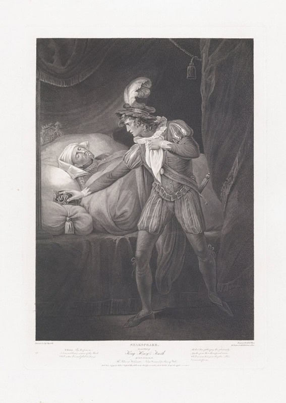 The dying Henry IV and Prince Hal with the crown at Westminster, Boydell Shakespeare Gallery engraving, 1795