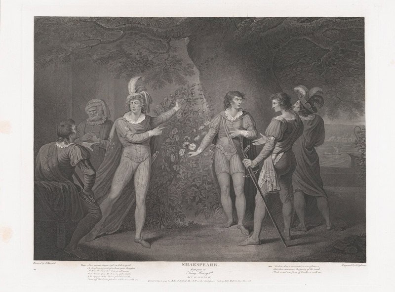 The picking of the red and white roses in the Temple garden, engraving by John Ogborne for the Boydell Shakespeare Gallery, 1795