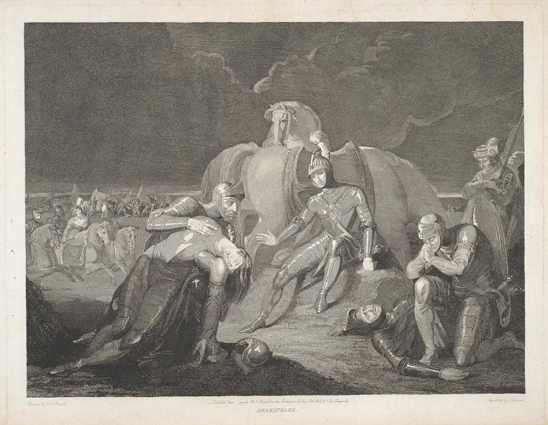 Henry VI at the battle of Towton with the son who has killed his father and the father who has killed his son, engraving by John Ogborne, 1803