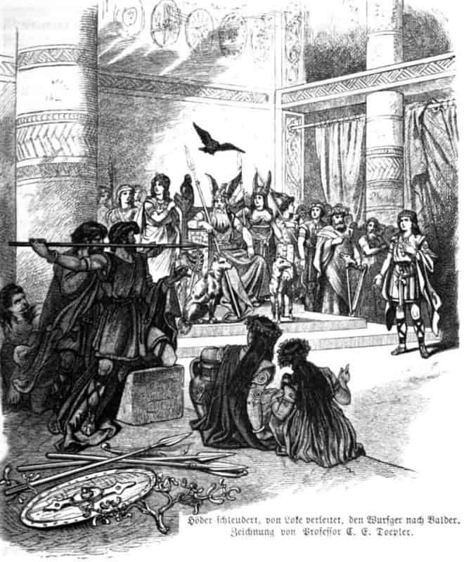 Loki guiding the arm of the blind god Hodr as he throws the mistletoe dart at Baldr, in Carl Emil Doepler's illustration published in 1882