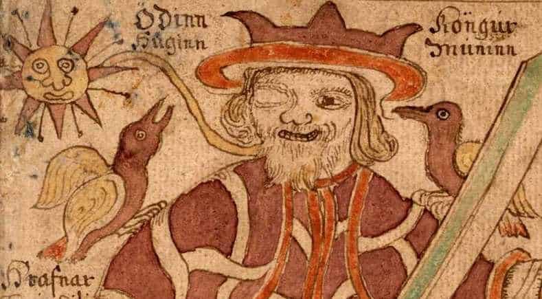 Odin enthroned with his two ravens Huginn and Muninn, from an 18th-century Icelandic manuscript of the Prose Edda