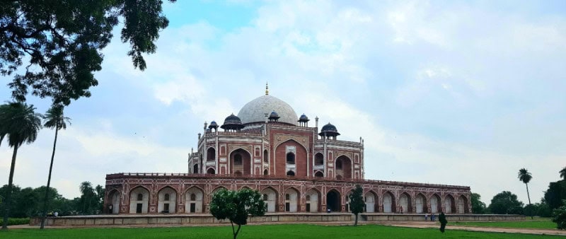 Humayun’s Tomb in Delhi, red sandstone and white marble with its double dome, seen across the garden