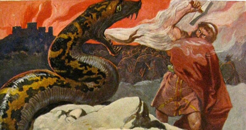 Thor swinging his hammer at the Midgard Serpent Jormungandr rising from the sea, painted by Emil Doepler around 1905