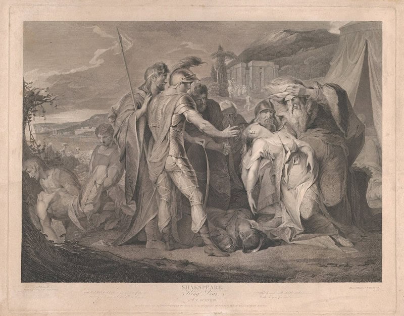 King Lear weeping over the body of Cordelia, engraving after James Barry for the Boydell Shakespeare Gallery, 1792