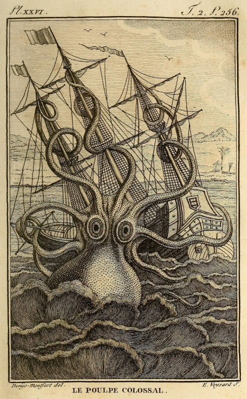 A colossal octopus wrapping its arms around a three-masted sailing ship, Pierre Denys de Montfort's 1801 engraving