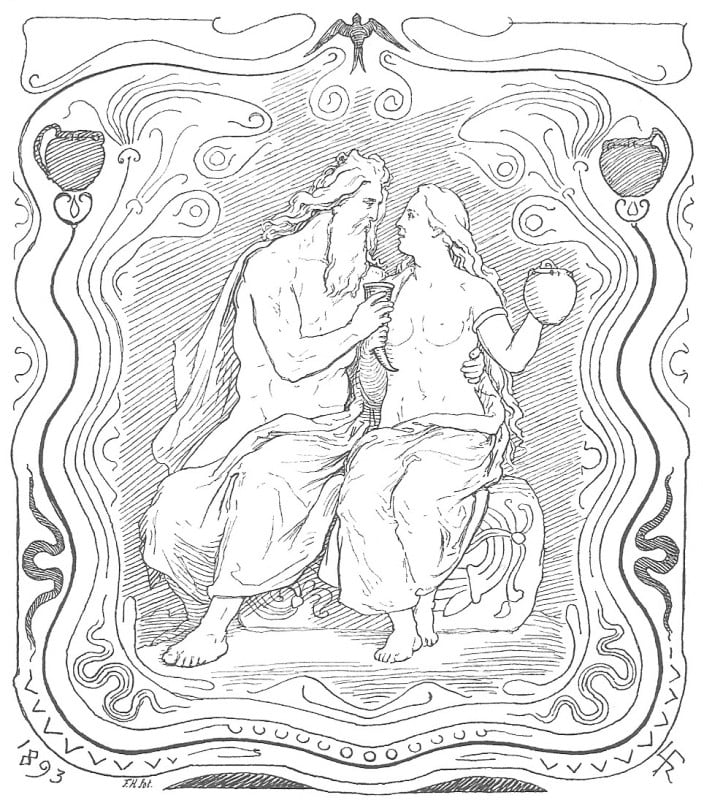 Odin embracing the giantess Gunnlod, who holds a vessel of the mead of poetry brewed from Kvasir's blood, in Lorenz Frolich's 1895 illustration