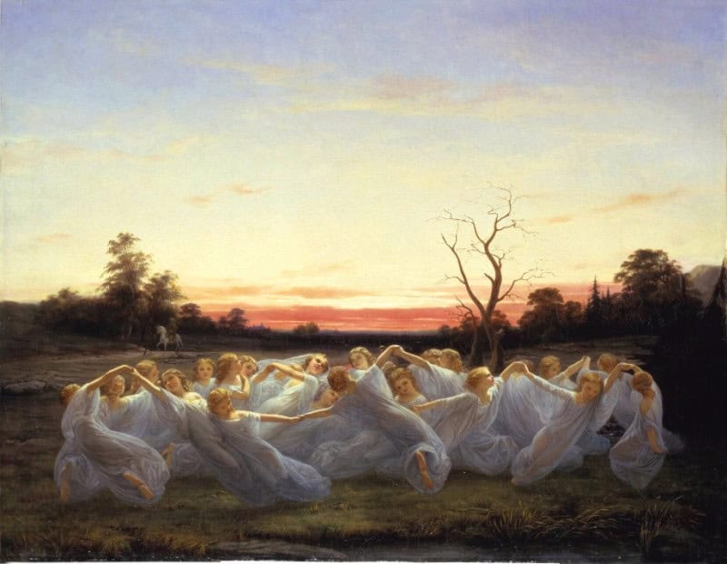 Pale elf-maidens dancing in a mist over a meadow at dawn, Nils Blommer's 1850 painting Meadow Elves