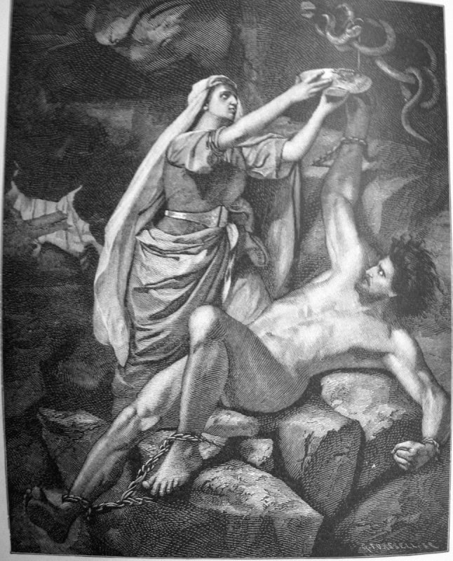 Loki bound on a rock with his wife Sigyn holding a bowl above his face to catch the venom dripping from a serpent, a wood engraving after Marten Eskil Winge's 1863 painting
