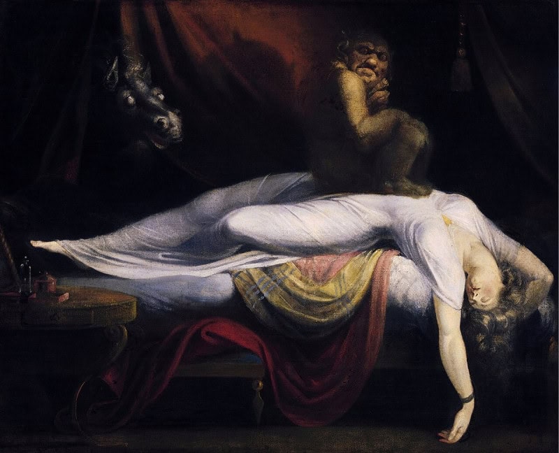 A sleeping woman draped over a bed with a squat demon crouched on her chest and a horse's head through the curtains, Henry Fuseli's 1781 painting The Nightmare
