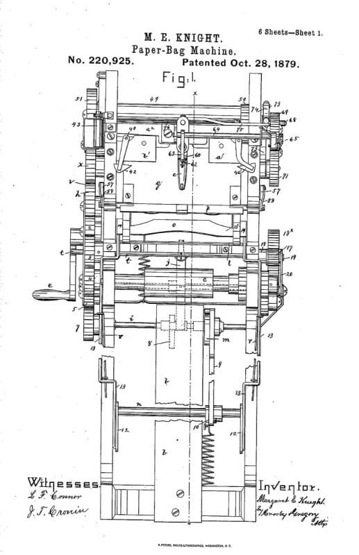 Patent drawing of Margaret Knight's paper bag machine, US patent 220,925 of 1879