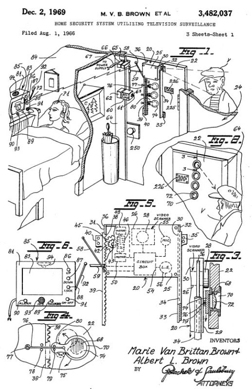 Patent drawing of Marie Van Brittan Brown's home security system with camera and monitor, 1969