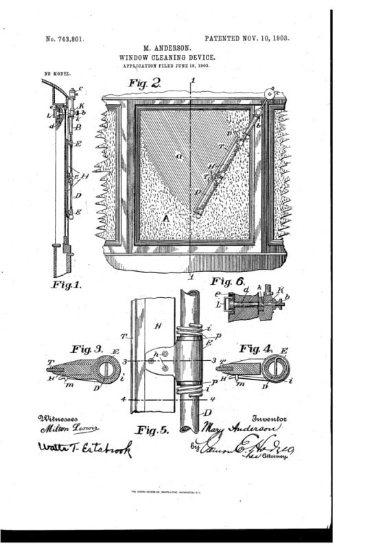 Mary Anderson's 1903 patent drawing for a window cleaning device, the first windshield wiper