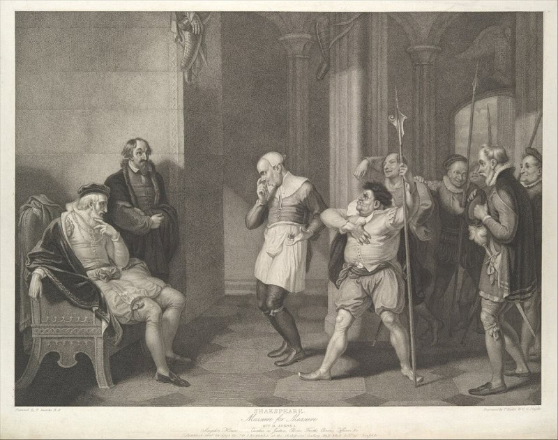 Escalus, Elbow, Froth and Pompey in Angelo's house, engraving after Robert Smirke for the Boydell Shakespeare Gallery, 1798