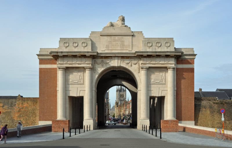 The Menin Gate memorial arch at Ypres, looking through the arch towards the town