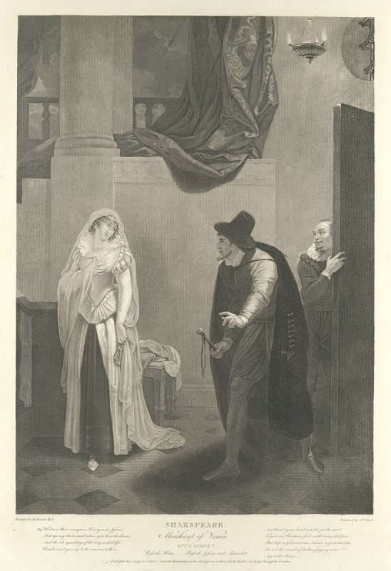 Shylock, Jessica and Launcelot Gobbo outside Shylock's house, engraving after Robert Smirke for the Boydell Shakespeare Gallery, 1795