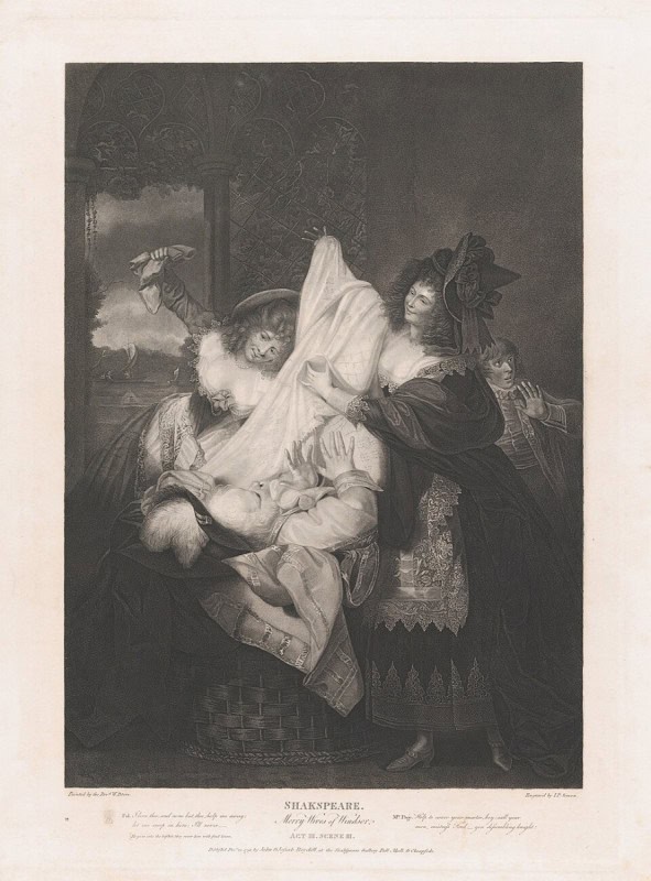 Falstaff climbing into the laundry basket, engraving after William Peters for the Boydell Shakespeare Gallery, 1793