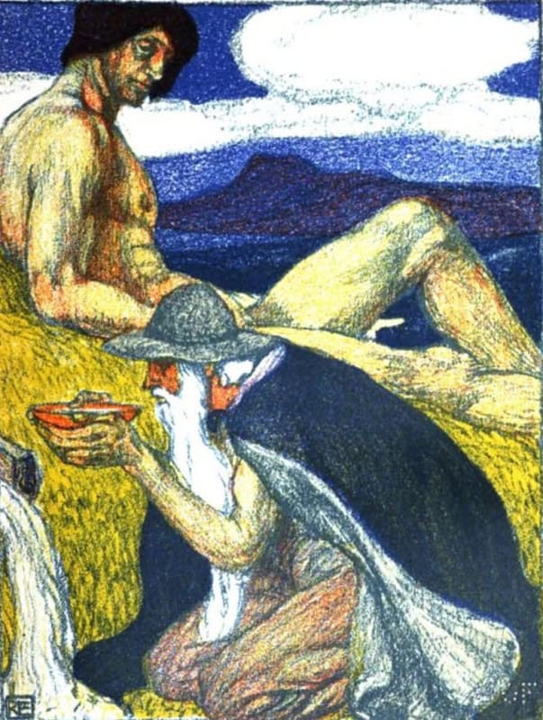 Odin drinking from a shallow bowl at Mimir's well while the giant Mimir sits above him, in Robert Engels's 1903 illustration