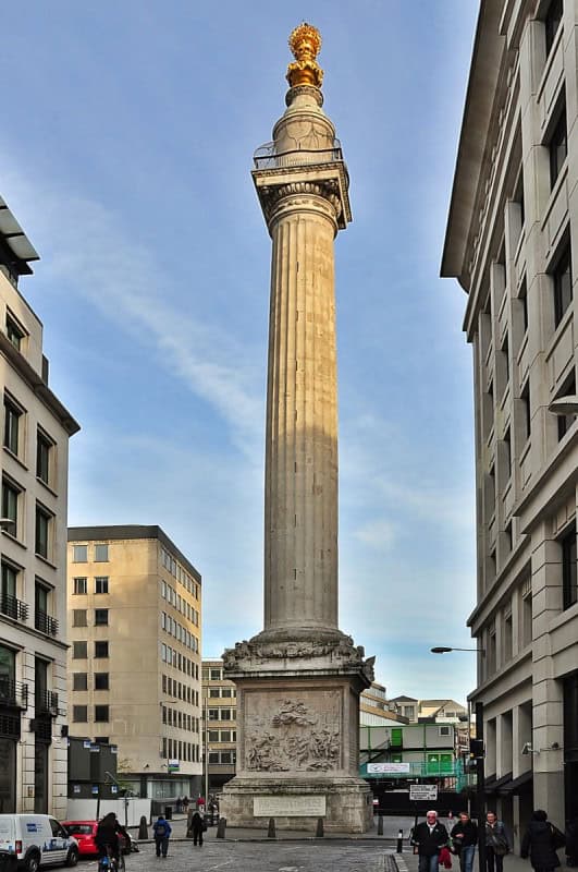 The Monument to the Great Fire of London, a Doric column topped with a gilded urn of flames