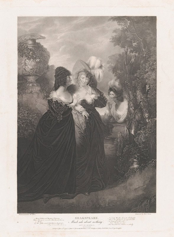 Beatrice overhearing Hero and Ursula in the garden, engraving after William Peters for the Boydell Shakespeare Gallery, 1790