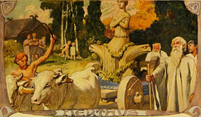 A covered processional wagon drawn by white cattle moving past onlookers, in Emil Doepler's illustration of the goddess Nerthus published around 1905