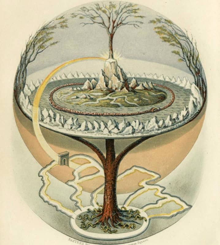 The world tree Yggdrasil with the eagle at its crown, the four stags in its branches and the serpent Nidhogg gnawing its roots, from Oluf Bagge's 1847 illustration for the Prose Edda