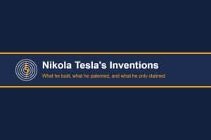 Title card reading Nikola Tesla's Inventions with a coil and lightning-bolt graphic