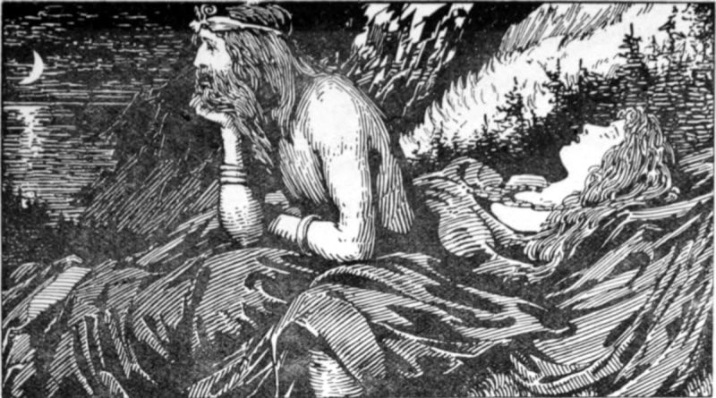 Njord lying awake on a mountainside beside the sleeping Skadi and gazing toward the distant sea, in W. G. Collingwood's 1908 illustration Njord's Desire of the Sea