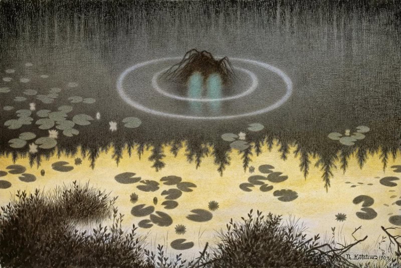 The water spirit Nokken as a pair of glowing eyes and a dark shape rising from a still forest pool, Theodor Kittelsen's 1904 painting