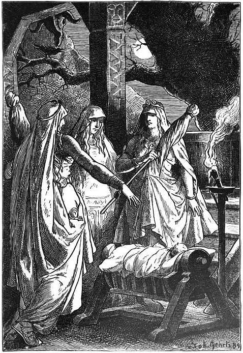 The three Norns, Urd, Verdandi and Skuld, gathered at the foot of the world tree, an 1889 illustration by Johannes Gehrts