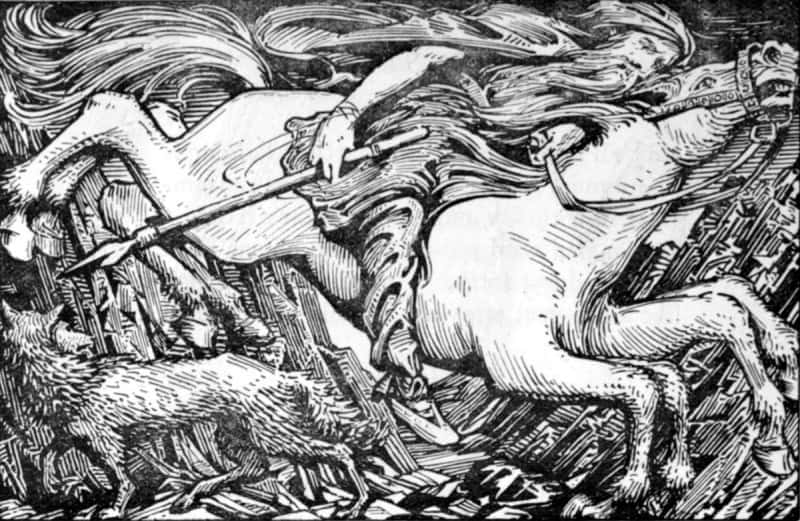 Odin riding the eight-legged horse Sleipnir at full gallop with wolves running beneath, in W. G. Collingwood's 1908 illustration Odin Rides to Hel