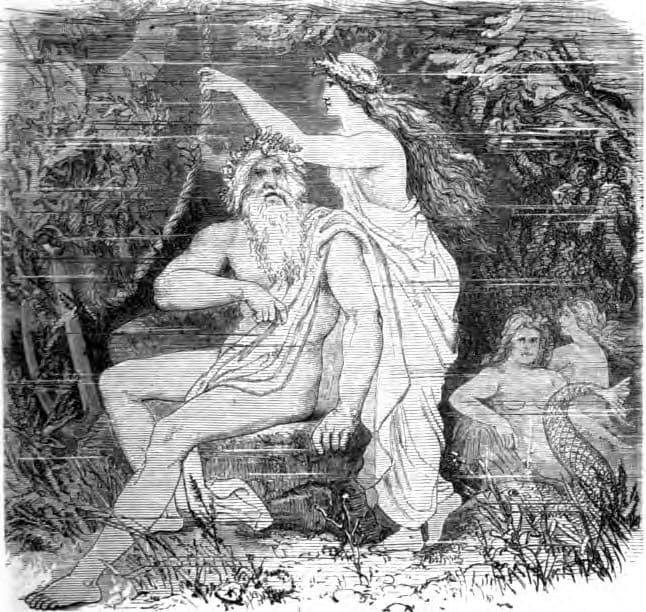 Ran standing with her arm raised behind the seated sea giant Aegir, with their wave-daughters beside them, in Friedrich Wilhelm Heine's illustration published in 1882