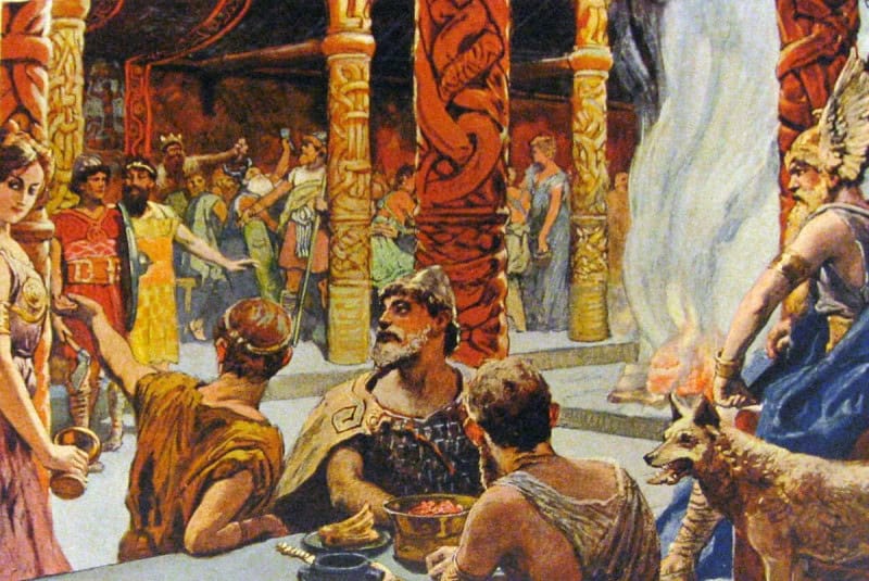 The feasting hall of Valhalla with Odin, the Valkyries and the slain warriors at table, painted by Emil Doepler around 1905