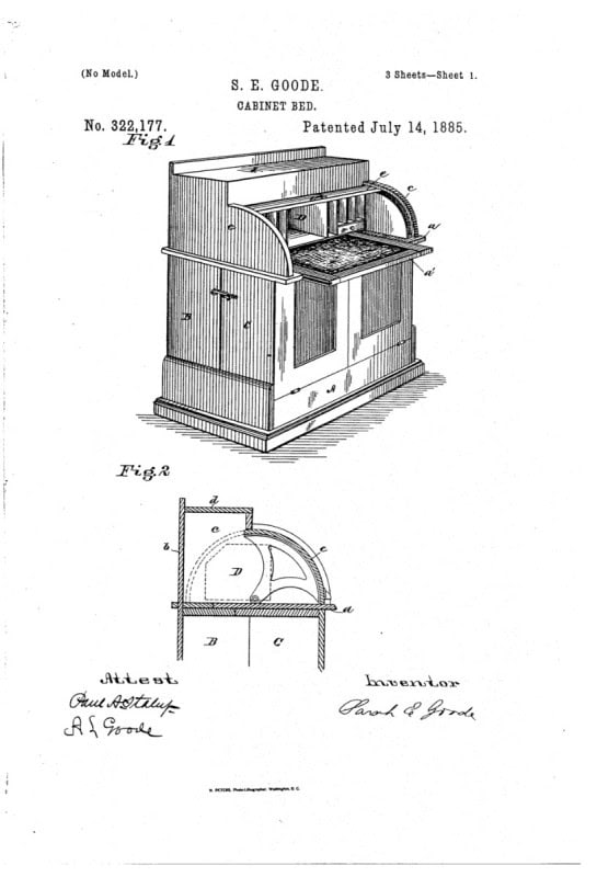 Patent drawing of Sarah E. Goode's folding cabinet bed, 1885