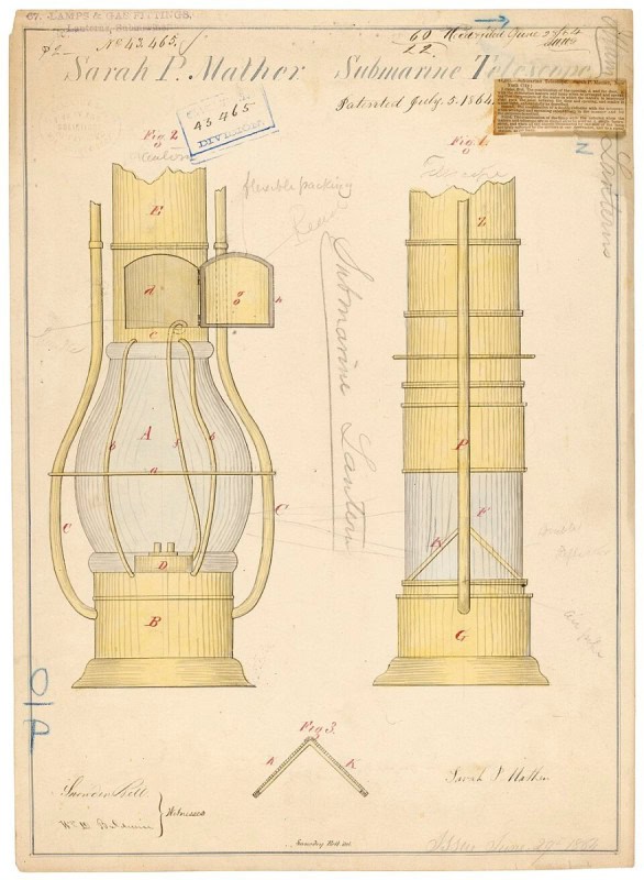 Illustration of Sarah Mather's submarine telescope and lamp, 1864