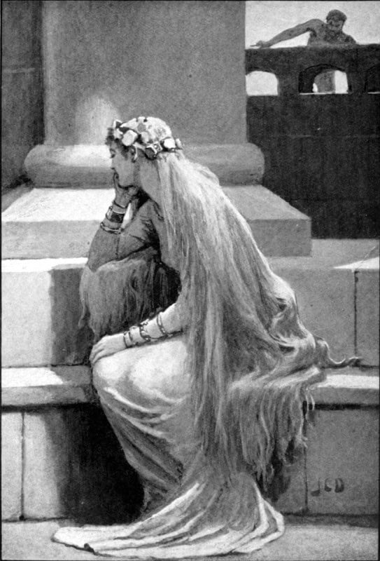 Sif seated on stone steps with her long golden hair falling over her shoulders, in John Charles Dollman's 1909 painting