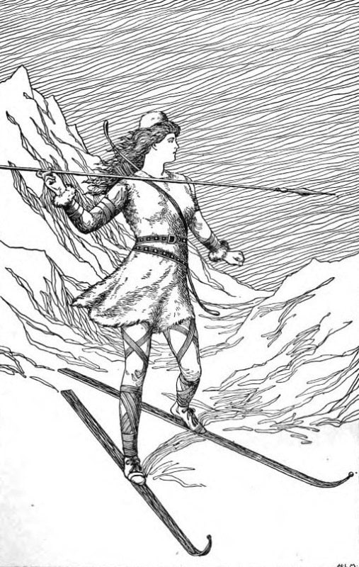 The giantess Skadi on skis with a bow, hunting in snowy mountains, an illustration signed H. L. M. from 1901