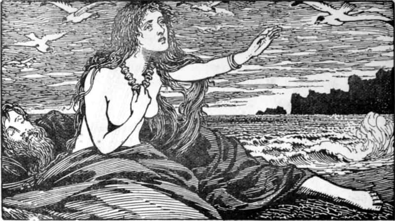 Skadi sitting awake on the seashore with the sleeping Njord beside her, reaching back toward the mountains while gulls wheel overhead, in W. G. Collingwood's 1908 illustration Skadi's Longing for the Mountains