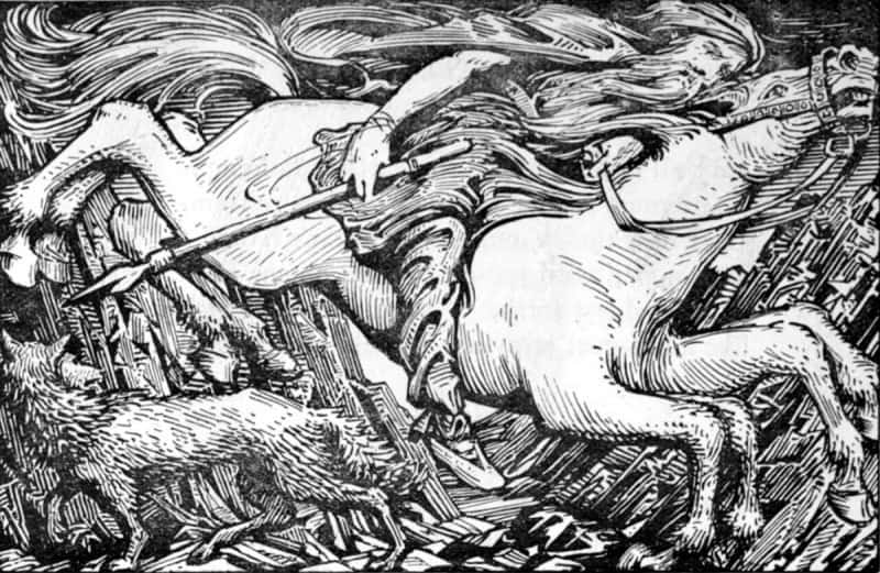 Odin riding the eight-legged horse Sleipnir down the dark road to Hel, drawn by W. G. Collingwood in 1908